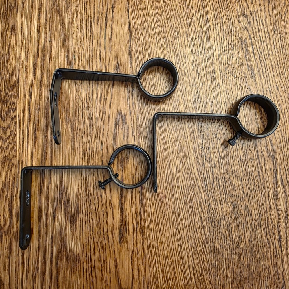 3 Black Metal Curtain Rod Brackets 1 Inch Loop Industrial Wall or Ceiling Mounts